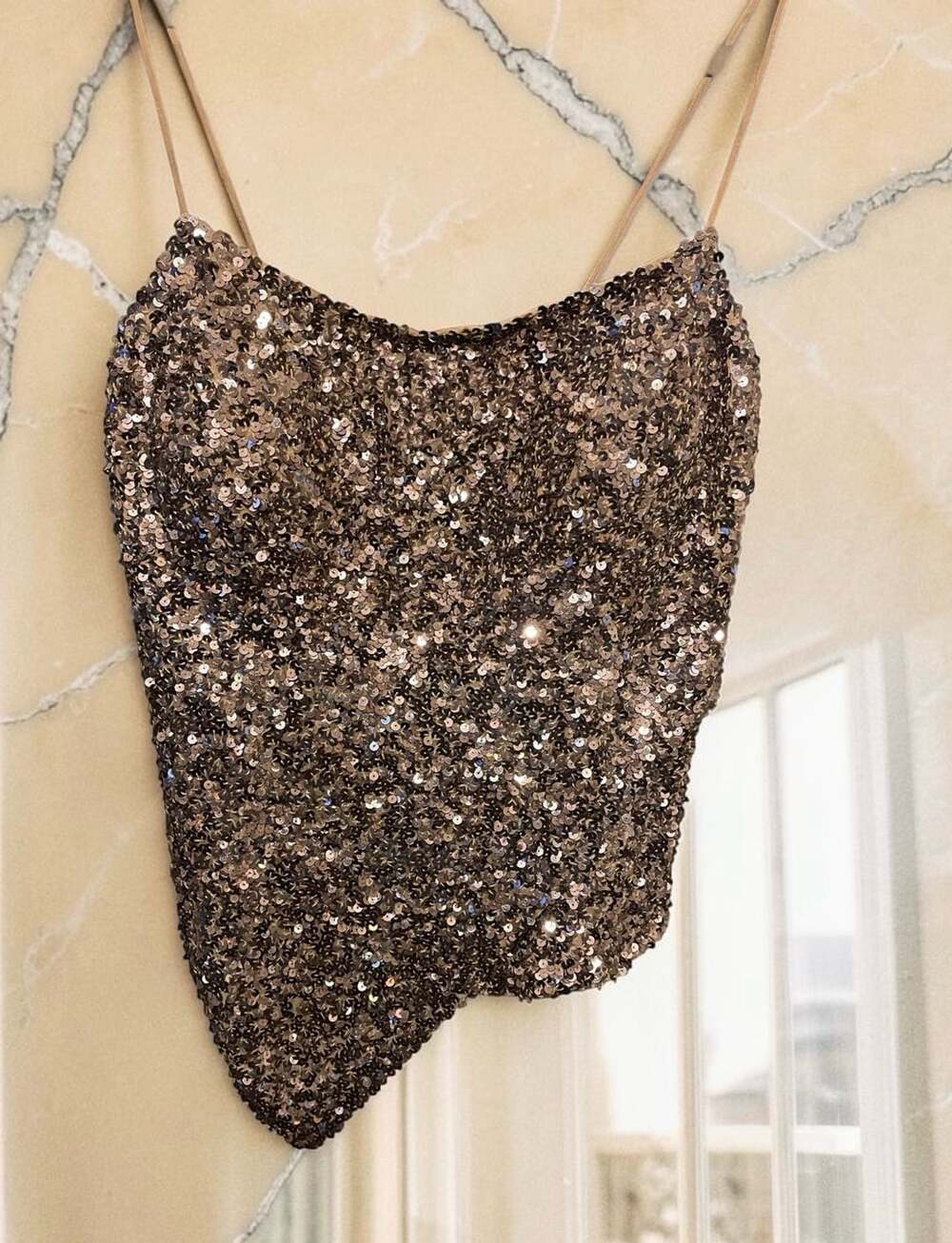 Vintage 100% Pure Silk Asymmetrical Sequin Top w/built in Bra Size Medium